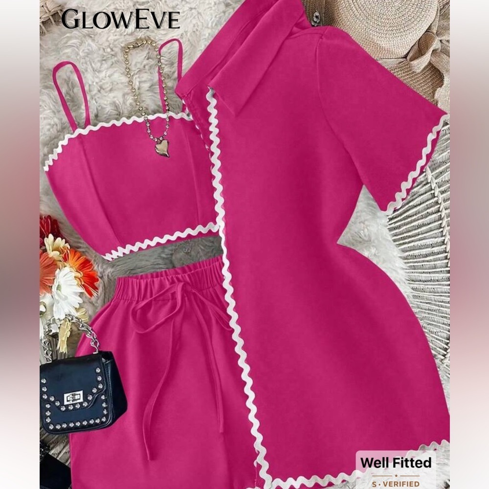 Pink Three -Piece camisole Outfit with White Trim